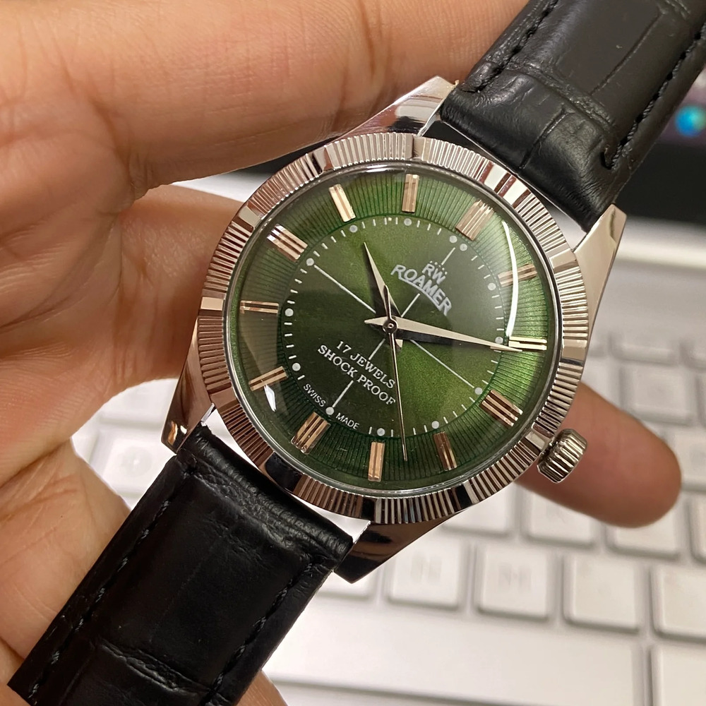 Vintage 1974 Roamer Manual Mens Silver Watch W/Leather Strap & Green accents